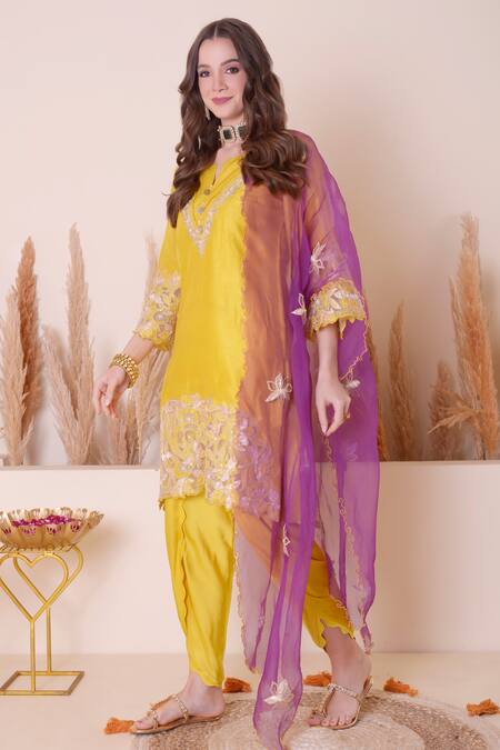 Buy_Surabhi Arya_Yellow Modal, Silk, Chiffon Embroidery, Floral Cutwork Kurta Dhoti Pant Set _Online_at_Aza_Fashions