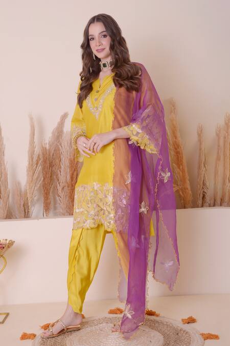 Shop_Surabhi Arya_Yellow Modal, Silk, Chiffon Embroidery, Floral Cutwork Kurta Dhoti Pant Set _Online_at_Aza_Fashions