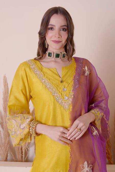 Surabhi Arya_Yellow Modal, Silk, Chiffon Embroidery, Floral Cutwork Kurta Dhoti Pant Set _at_Aza_Fashions