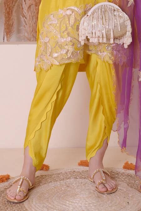 Buy_Surabhi Arya_Yellow Modal, Silk, Chiffon Embroidery, Floral Cutwork Kurta Dhoti Pant Set 