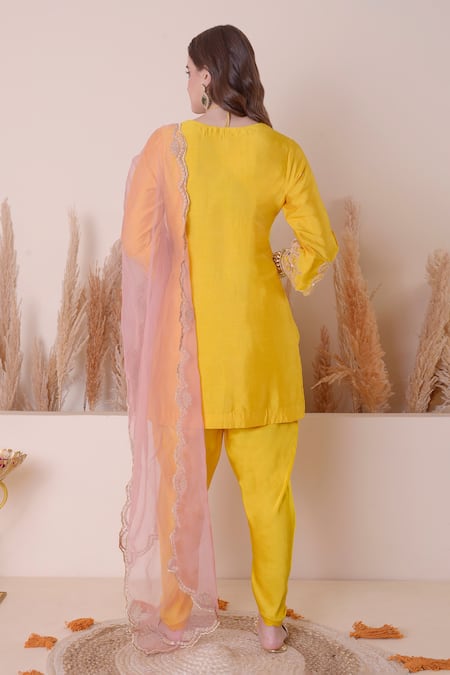 Shop_Surabhi Arya_Yellow Modal, Silk, Organza Sequins, Zari, Floral Kurta Dhoti Pant Set _at_Aza_Fashions