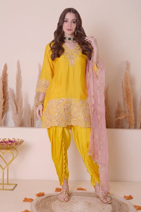 Shop_Surabhi Arya_Yellow Modal, Silk, Organza Sequins, Zari, Floral Kurta Dhoti Pant Set _Online_at_Aza_Fashions