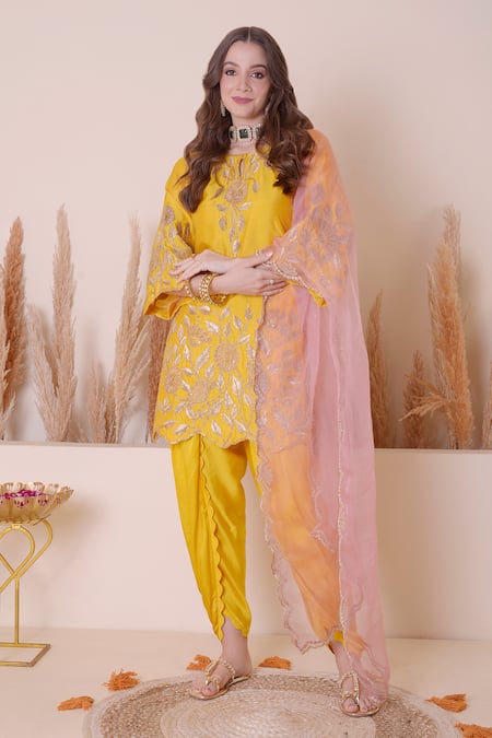 Buy_Surabhi Arya_Yellow Modal, Silk, Organza Embroidery, Floral Zari And Kurta Dhoti Pant Set _Online_at_Aza_Fashions