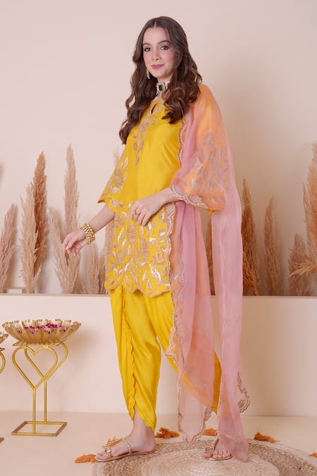 Shop_Surabhi Arya_Yellow Modal, Silk, Organza Embroidery, Floral Zari And Kurta Dhoti Pant Set _Online_at_Aza_Fashions