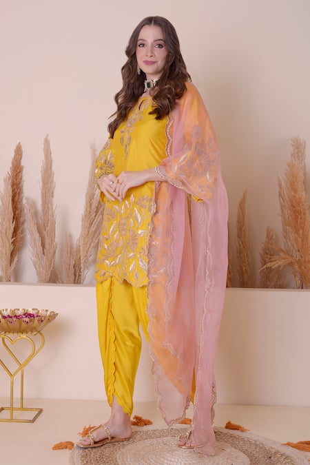 Surabhi Arya_Yellow Modal, Silk, Organza Embroidery, Floral Zari And Kurta Dhoti Pant Set _at_Aza_Fashions