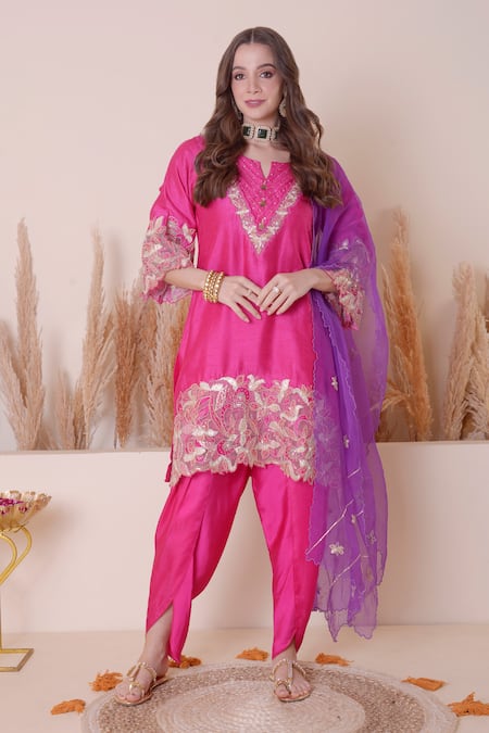 Surabhi Arya Pink Bamberg Silk Embroidered Floral And Gota Work Kurta Dhoti Pant Set 