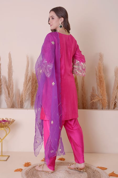Shop_Surabhi Arya_Pink Modal, Silk Embroidery, Sequins, Floral And Gota Work Kurta Dhoti Pant Set _at_Aza_Fashions