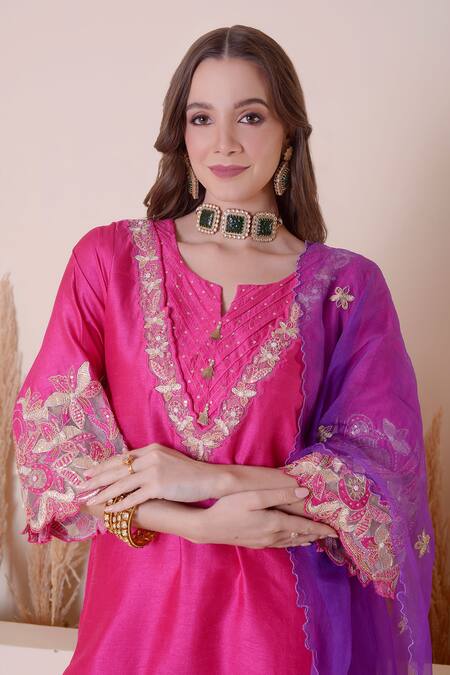 Surabhi Arya_Pink Modal, Silk Embroidery, Sequins, Floral And Gota Work Kurta Dhoti Pant Set _Online_at_Aza_Fashions