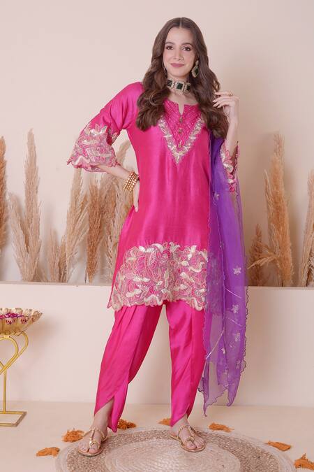 Buy_Surabhi Arya_Pink Modal, Silk Embroidery, Sequins, Floral And Gota Work Kurta Dhoti Pant Set _Online_at_Aza_Fashions