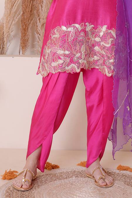 Buy_Surabhi Arya_Pink Modal, Silk Embroidery, Sequins, Floral And Gota Work Kurta Dhoti Pant Set 