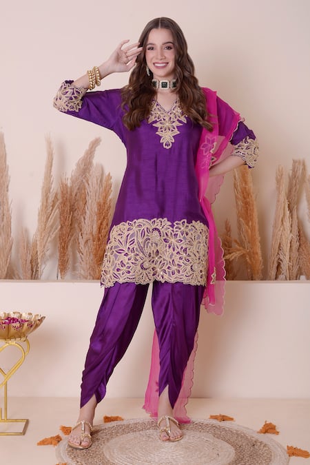 Surabhi Arya Purple Bamberg Silk Embroidered Floral Cutwork Kurta Dhoti Pant Set 