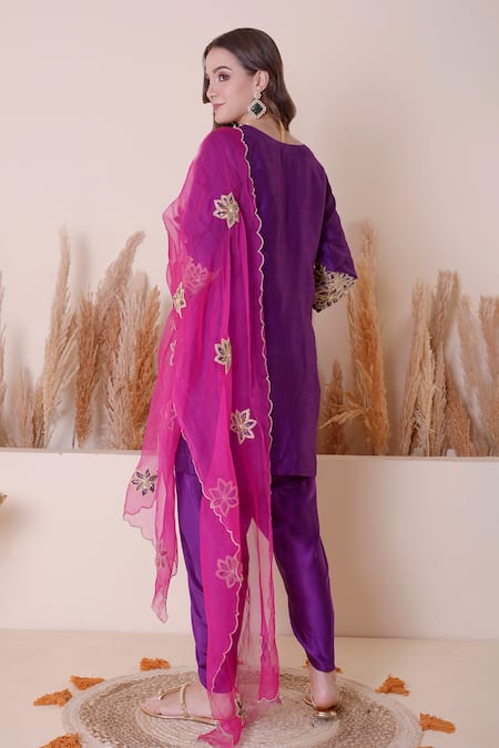 Shop_Surabhi Arya_Purple Modal, Silk, Organza Sequins, Zari, Floral Cutwork Kurta Dhoti Pant Set _at_Aza_Fashions