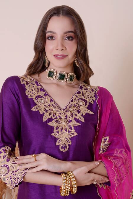 Surabhi Arya_Purple Modal, Silk, Organza Sequins, Zari, Floral Cutwork Kurta Dhoti Pant Set _Online_at_Aza_Fashions