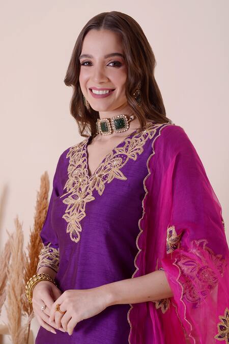 Buy_Surabhi Arya_Purple Modal, Silk, Organza Sequins, Zari, Floral Cutwork Kurta Dhoti Pant Set _Online_at_Aza_Fashions