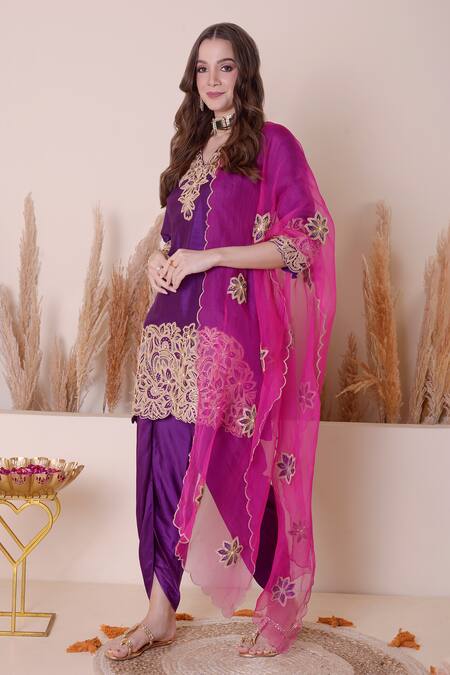 Shop_Surabhi Arya_Purple Modal, Silk, Organza Sequins, Zari, Floral Cutwork Kurta Dhoti Pant Set _Online_at_Aza_Fashions