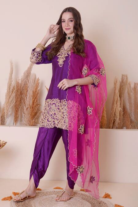 Surabhi Arya_Purple Modal, Silk, Organza Sequins, Zari, Floral Cutwork Kurta Dhoti Pant Set _at_Aza_Fashions