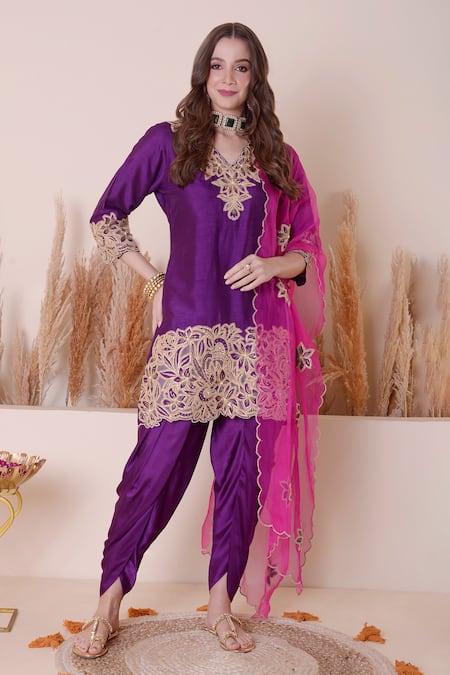 Buy_Surabhi Arya_Purple Modal, Silk, Organza Sequins, Zari, Floral Cutwork Kurta Dhoti Pant Set 
