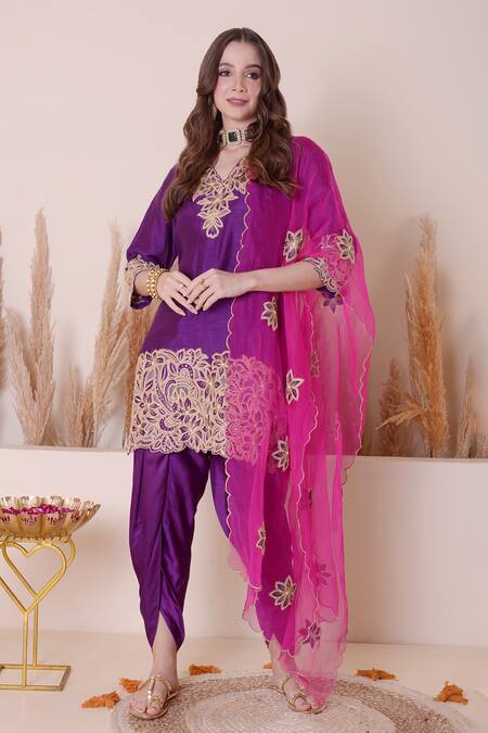 Shop Surabhi Arya Purple Modal, Silk, Organza Sequins, Zari, Floral Cutwork Kurta Dhoti Pant Set Shop_Surabhi Arya_Purple Modal, Silk, Organza Sequins, Zari, Floral Cutwork Kurta Dhoti Pant Set
