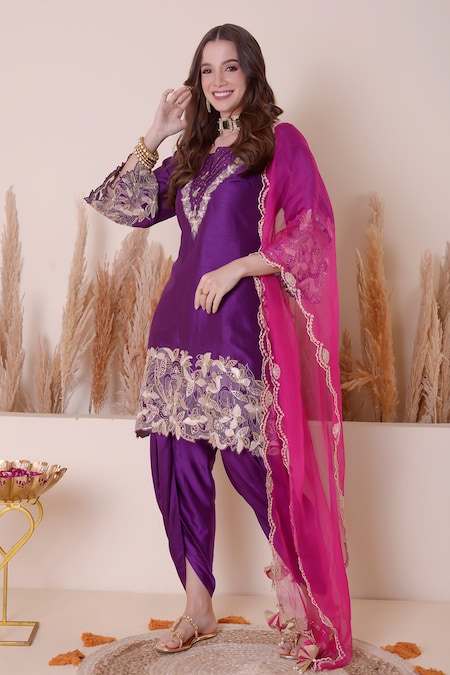 Surabhi Arya Purple Bamberg Silk Embroidered Sequin Notched Cutwork Kurta Dhoti Pant Set 