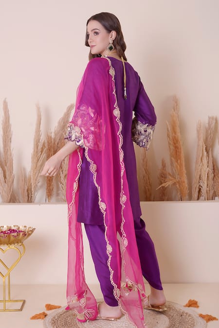 Shop_Surabhi Arya_Purple Modal, Silk, Satin, Organza Embroidery, Cutwork Kurta Dhoti Pant Set _at_Aza_Fashions