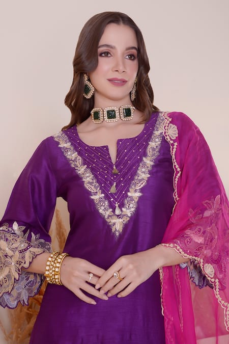 Surabhi Arya_Purple Modal, Silk, Satin, Organza Embroidery, Cutwork Kurta Dhoti Pant Set _Online_at_Aza_Fashions
