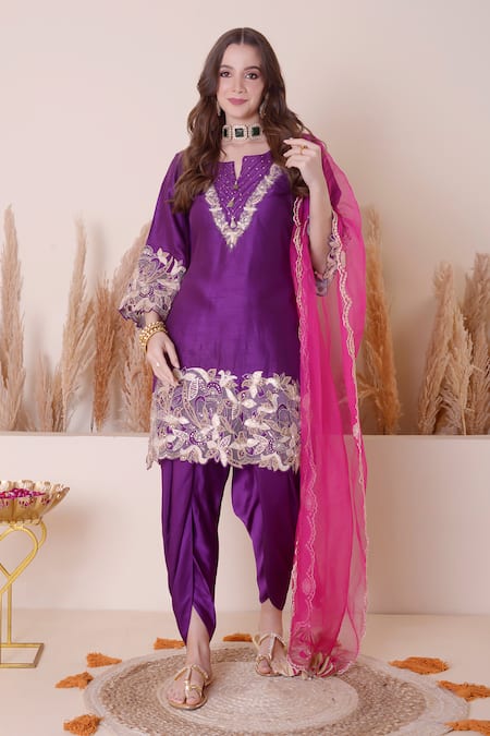 Buy_Surabhi Arya_Purple Modal, Silk, Satin, Organza Embroidery, Cutwork Kurta Dhoti Pant Set _Online_at_Aza_Fashions