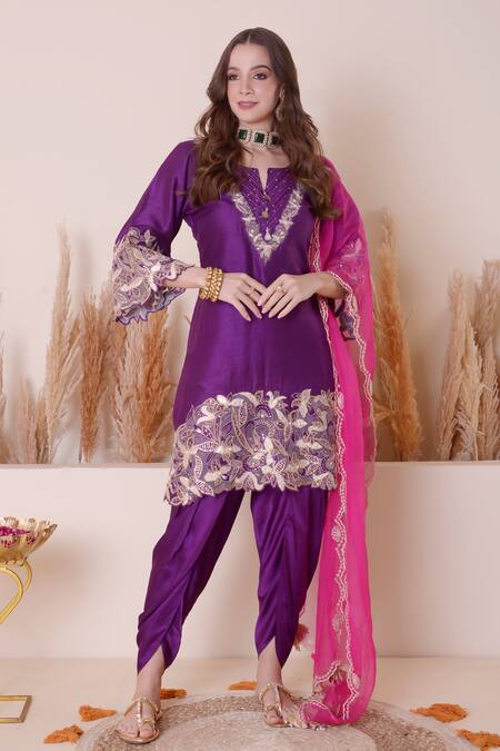 Shop_Surabhi Arya_Purple Modal, Silk, Satin, Organza Embroidery, Cutwork Kurta Dhoti Pant Set _Online_at_Aza_Fashions