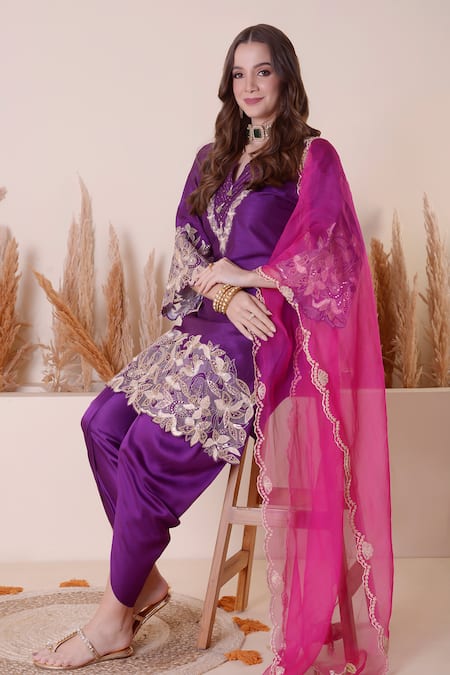 Surabhi Arya_Purple Modal, Silk, Satin, Organza Embroidery, Cutwork Kurta Dhoti Pant Set _at_Aza_Fashions