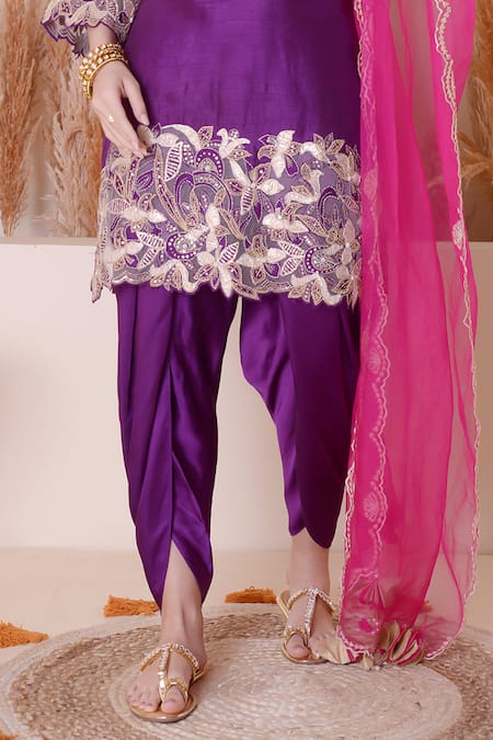 Buy_Surabhi Arya_Purple Modal, Silk, Satin, Organza Embroidery, Cutwork Kurta Dhoti Pant Set 