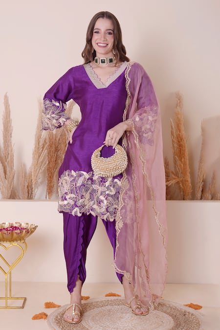 Surabhi Arya Purple Bamberg Silk Embroidered Floral Work Kurta Dhoti Pant Set 