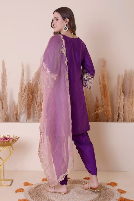Shop_Surabhi Arya_Purple Modal, Silk, Satin Embroidery, Sequins Floral Work Kurta Dhoti Pant Set _at_Aza_Fashions