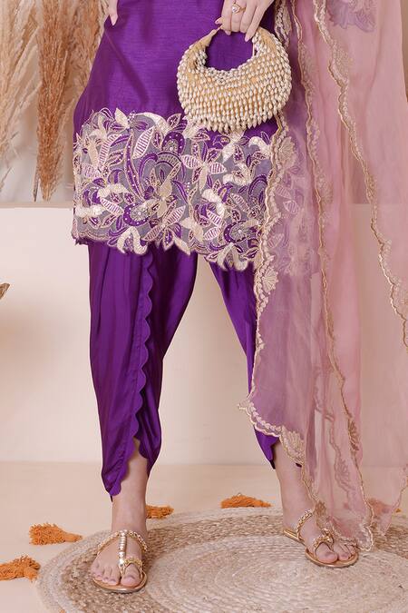 Surabhi Arya_Purple Modal, Silk, Satin Embroidery, Sequins Floral Work Kurta Dhoti Pant Set _Online_at_Aza_Fashions