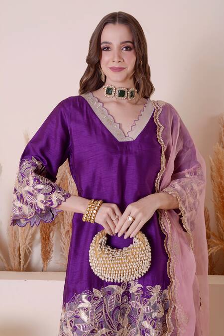 Buy_Surabhi Arya_Purple Modal, Silk, Satin Embroidery, Sequins Floral Work Kurta Dhoti Pant Set _Online_at_Aza_Fashions