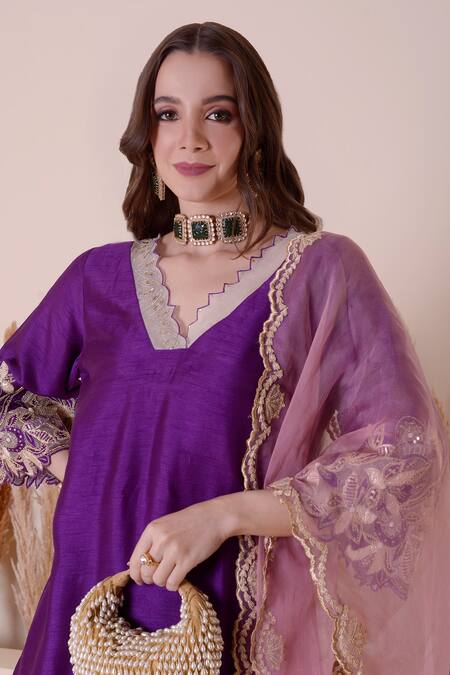 Shop_Surabhi Arya_Purple Modal, Silk, Satin Embroidery, Sequins Floral Work Kurta Dhoti Pant Set _Online_at_Aza_Fashions