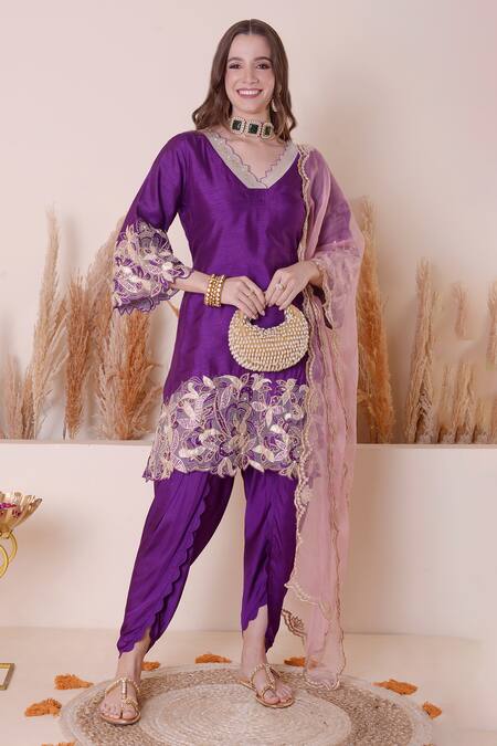 Surabhi Arya_Purple Modal, Silk, Satin Embroidery, Sequins Floral Work Kurta Dhoti Pant Set _at_Aza_Fashions