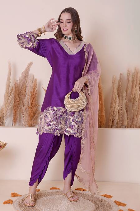 Buy_Surabhi Arya_Purple Modal, Silk, Satin Embroidery, Sequins Floral Work Kurta Dhoti Pant Set 