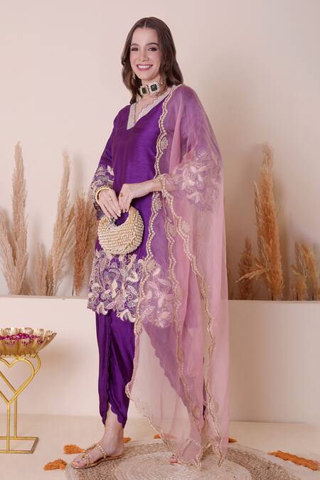 Shop_Surabhi Arya_Purple Modal, Silk, Satin Embroidery, Sequins Floral Work Kurta Dhoti Pant Set 