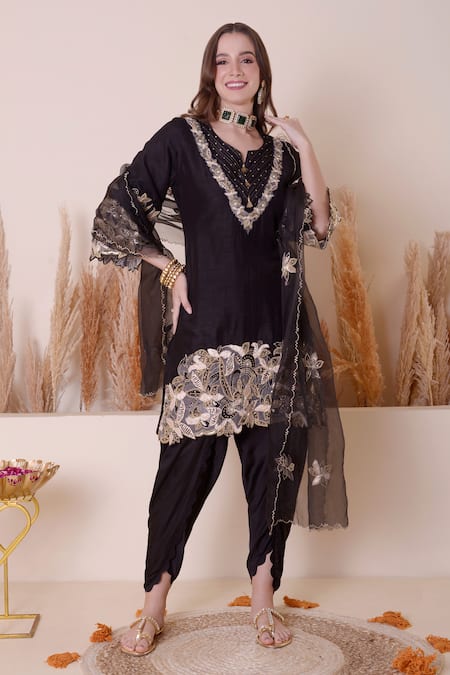 Surabhi Arya Black Bamberg Silk Embroidered And Floral Cutwork Kurta Dhoti Pant Set 