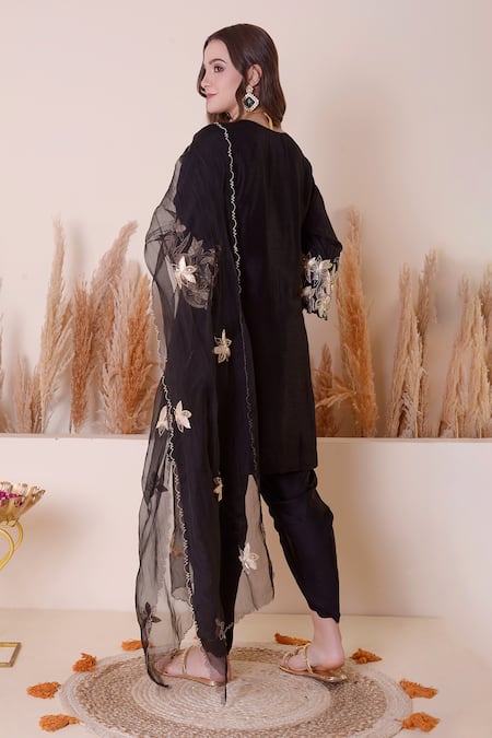 Shop_Surabhi Arya_Black Modal, Silk, Organza Sequins, Embroidery Open Floral Cutwork Kurta Set _at_Aza_Fashions