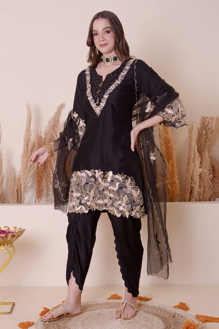 Shop_Surabhi Arya_Black Modal, Silk, Organza Sequins, Embroidery Open Floral Cutwork Kurta Set _Online_at_Aza_Fashions