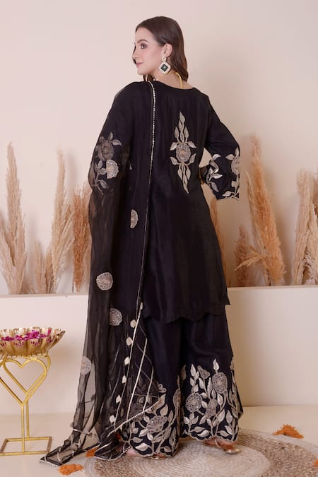 Shop_Surabhi Arya_Black Bamboo, Chiffon Embroidery, Gota Patti, Zari Floral And Kurta Sharara Set _at_Aza_Fashions