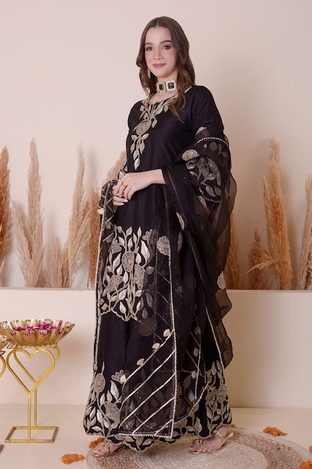 Buy_Surabhi Arya_Black Bamboo, Chiffon Embroidery, Gota Patti, Zari Floral And Kurta Sharara Set _Online_at_Aza_Fashions