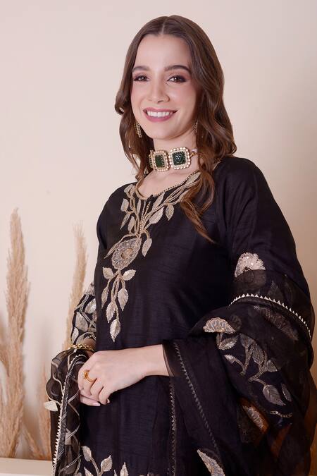 Shop_Surabhi Arya_Black Bamboo, Chiffon Embroidery, Gota Patti, Zari Floral And Kurta Sharara Set _Online_at_Aza_Fashions