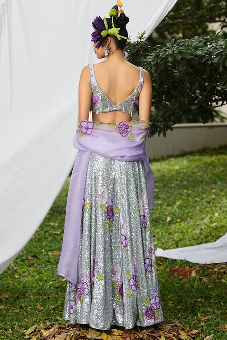 Shop Pooja Bagaria Silver Silk, Organza Sequins, Beads, Diamonds, 3d Flower Bling Lehenga Set at Aza Fashions Shop_Pooja Bagaria_Silver Silk, Organza Sequins, Beads, Diamonds, 3d Flower Bling Lehenga Set_at_Aza_Fashions