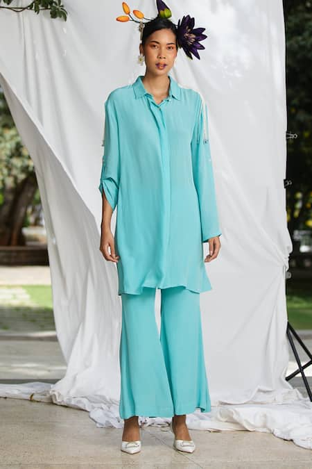 Pooja Bagaria Blue Natural Crepe Embellished Pearl Collared Shoulder Patch Shirt Kurta 