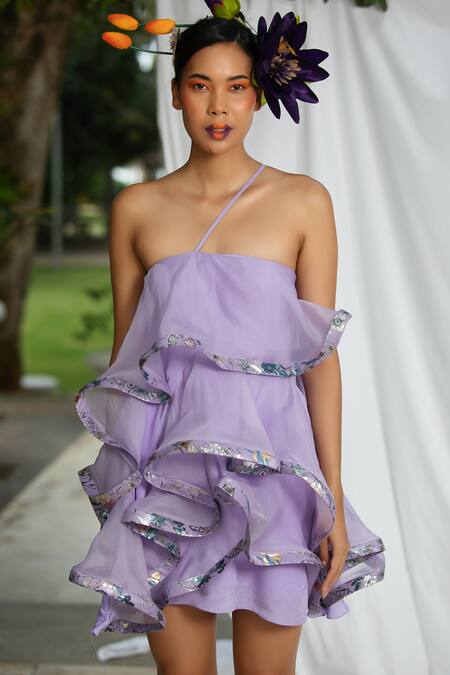 Buy_Pooja Bagaria_Purple Organza, Silk, Crepe Embroidery Square Neck Front Ruffled Barbie Dress _Online_at_Aza_Fashions