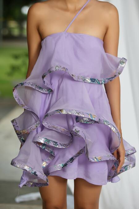 Shop_Pooja Bagaria_Purple Organza, Silk, Crepe Embroidery Square Neck Front Ruffled Barbie Dress _Online_at_Aza_Fashions