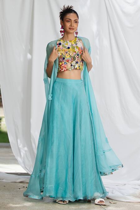 Pooja Bagaria Blue Organza Sequins, Beads, Embroidery High Neck Botanical Floral Hand Blouse Online at Aza Fashions Pooja Bagaria_Blue Organza Sequins, Beads, Embroidery High Neck Botanical Floral Hand Blouse _Online_at_Aza_Fashions