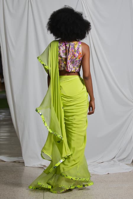 Shop Pooja Bagaria Purple Organza Sequins, Beads High Neck Botanical Floral Embroidered Blouse at Aza Fashions Shop_Pooja Bagaria_Purple Organza Sequins, Beads High Neck Botanical Floral Embroidered Blouse _at_Aza_Fashions