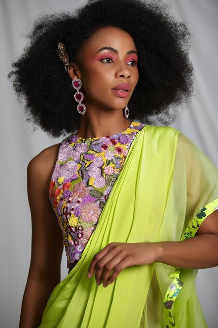 Buy Pooja Bagaria Purple Organza Sequins, Beads High Neck Botanical Floral Embroidered Blouse Online at Aza Fashions Buy_Pooja Bagaria_Purple Organza Sequins, Beads High Neck Botanical Floral Embroidered Blouse _Online_at_Aza_Fashions